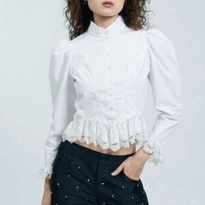 Batsheva Grace Blouse Womens 8 White Button Ruffle Lace Puff Sleeves Romantic